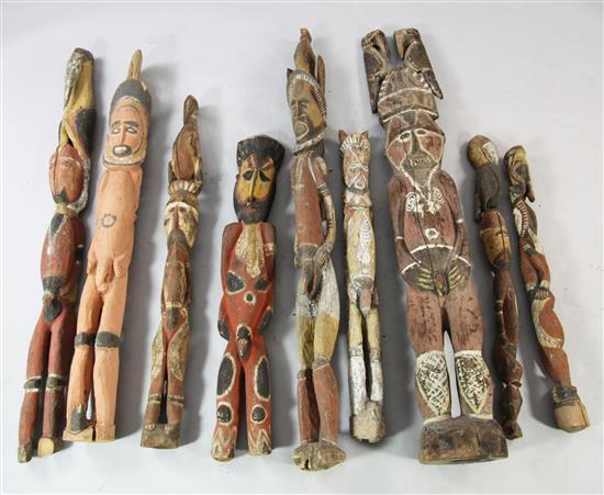 Nine Sepik River ancestor house post figures, various